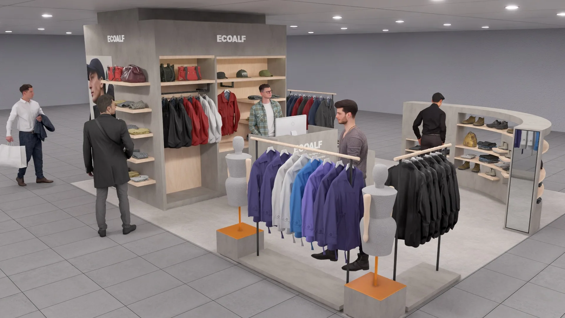 Ecoalf Lisbon menswear final retail design, perspective overview