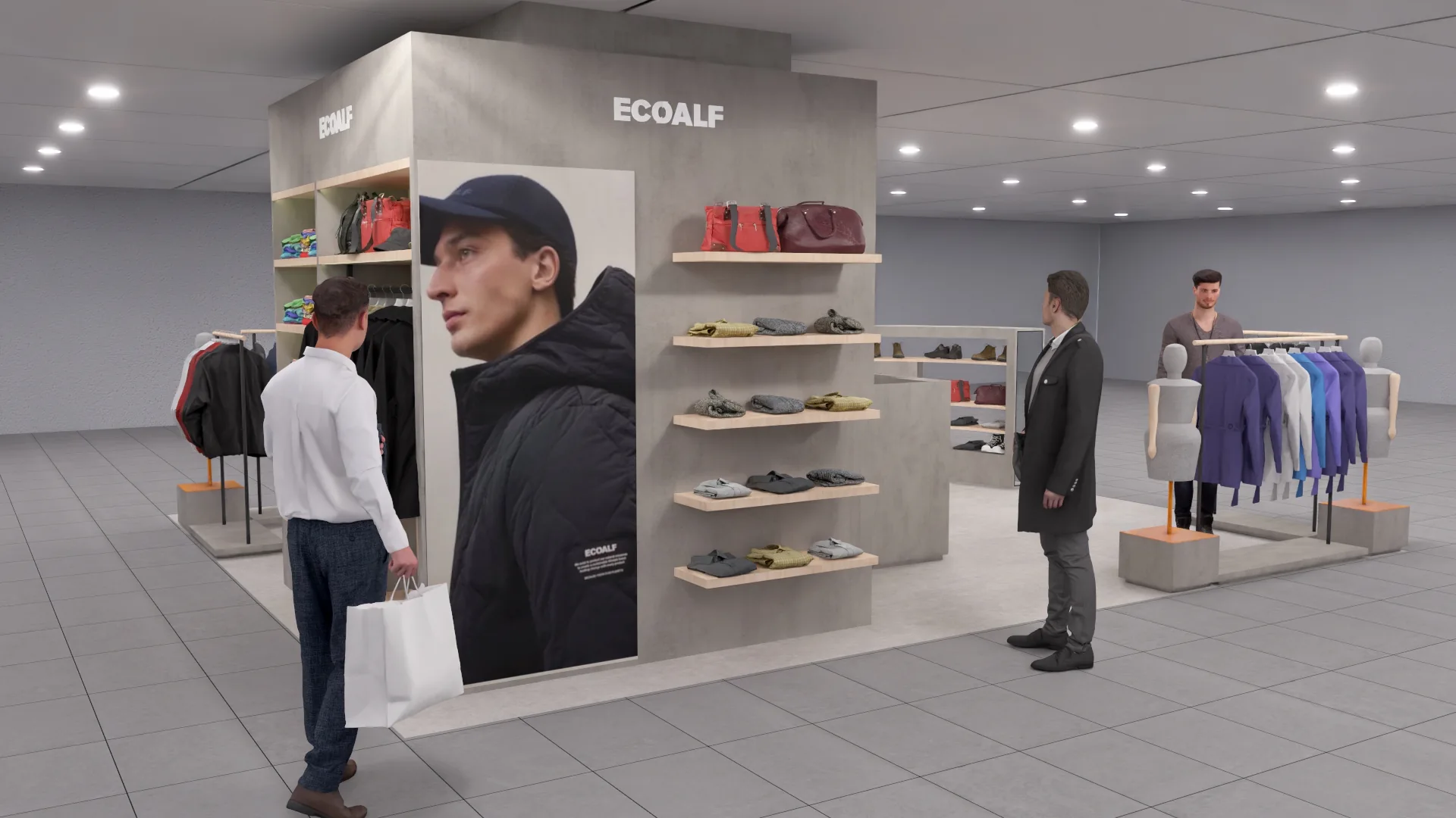 Ecoalf Lisbon menswear final retail design, branded side wall