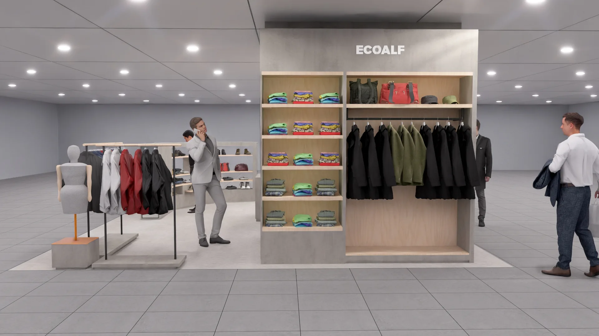Ecoalf Lisbon menswear final retail design, rear display wall