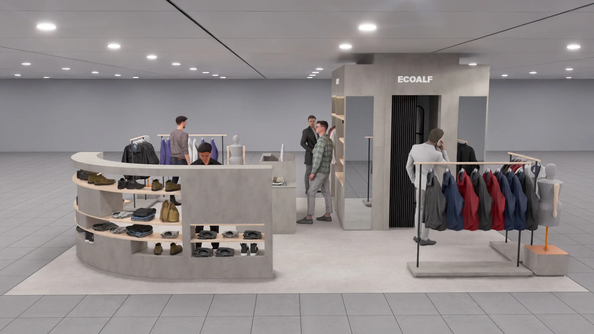 Ecoalf Lisbon menswear final retail design, fitting room and curved fixture