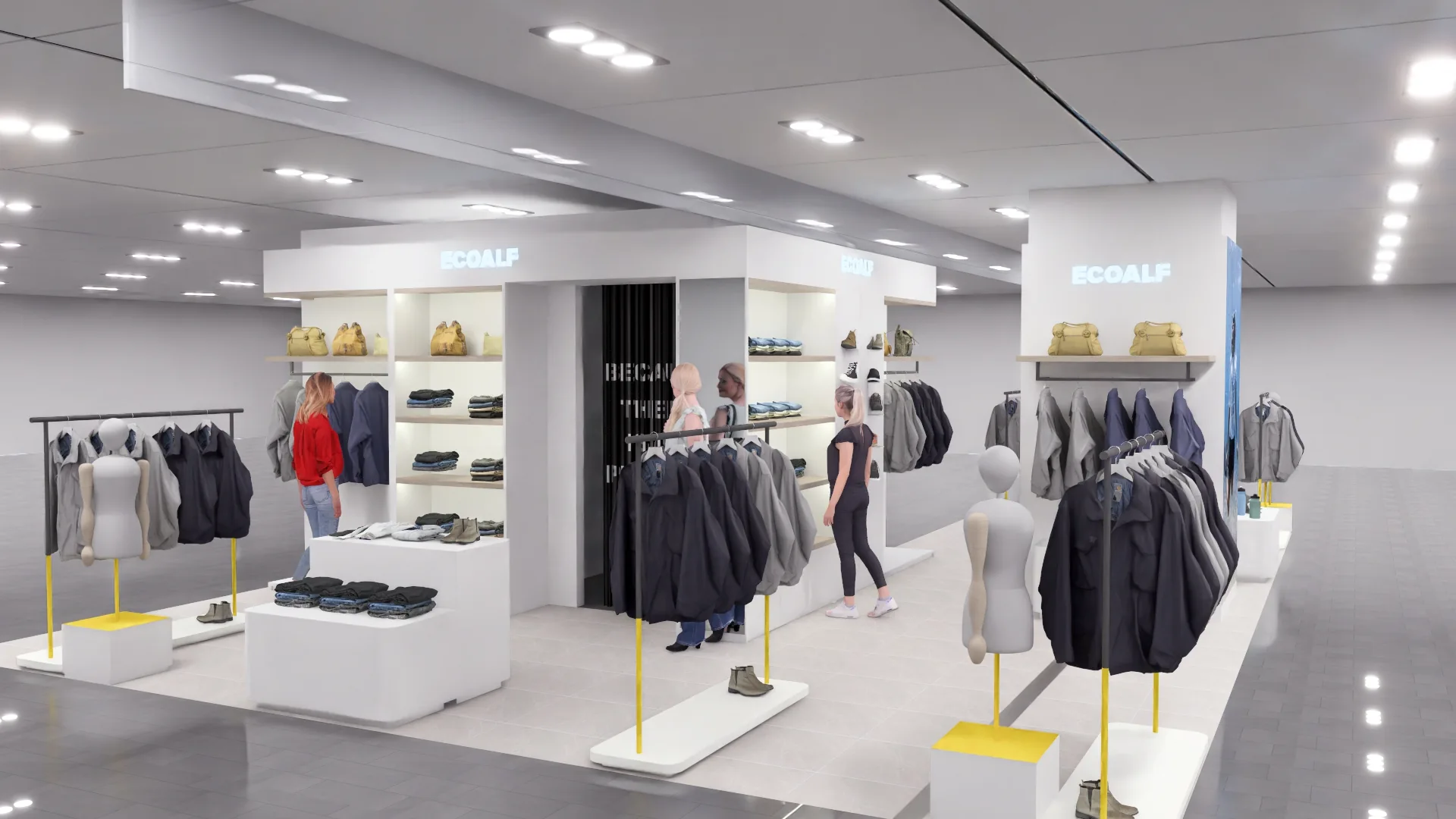 Ecoalf Marbella womenswear final retail design, main approach