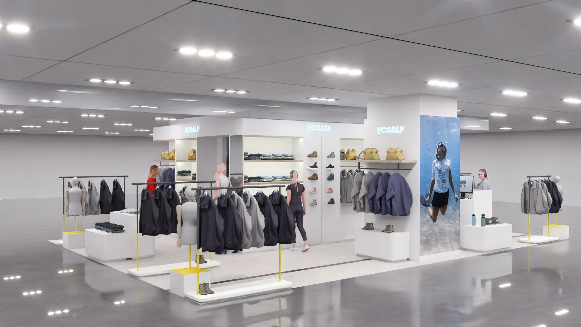 Ecoalf Marbella womenswear final retail design, complete corner view