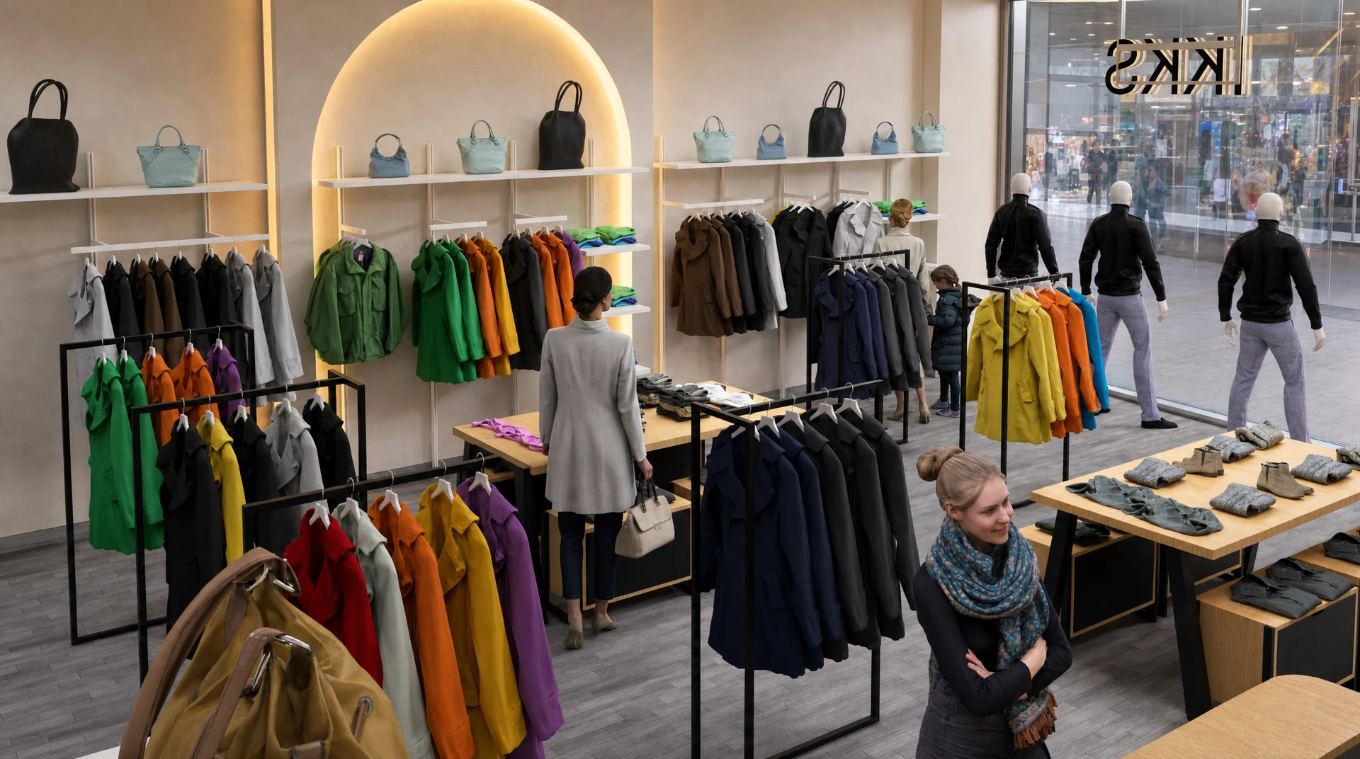 IKKS commercial interior with illuminated arched display, fashion rails, central tables and glazed storefront