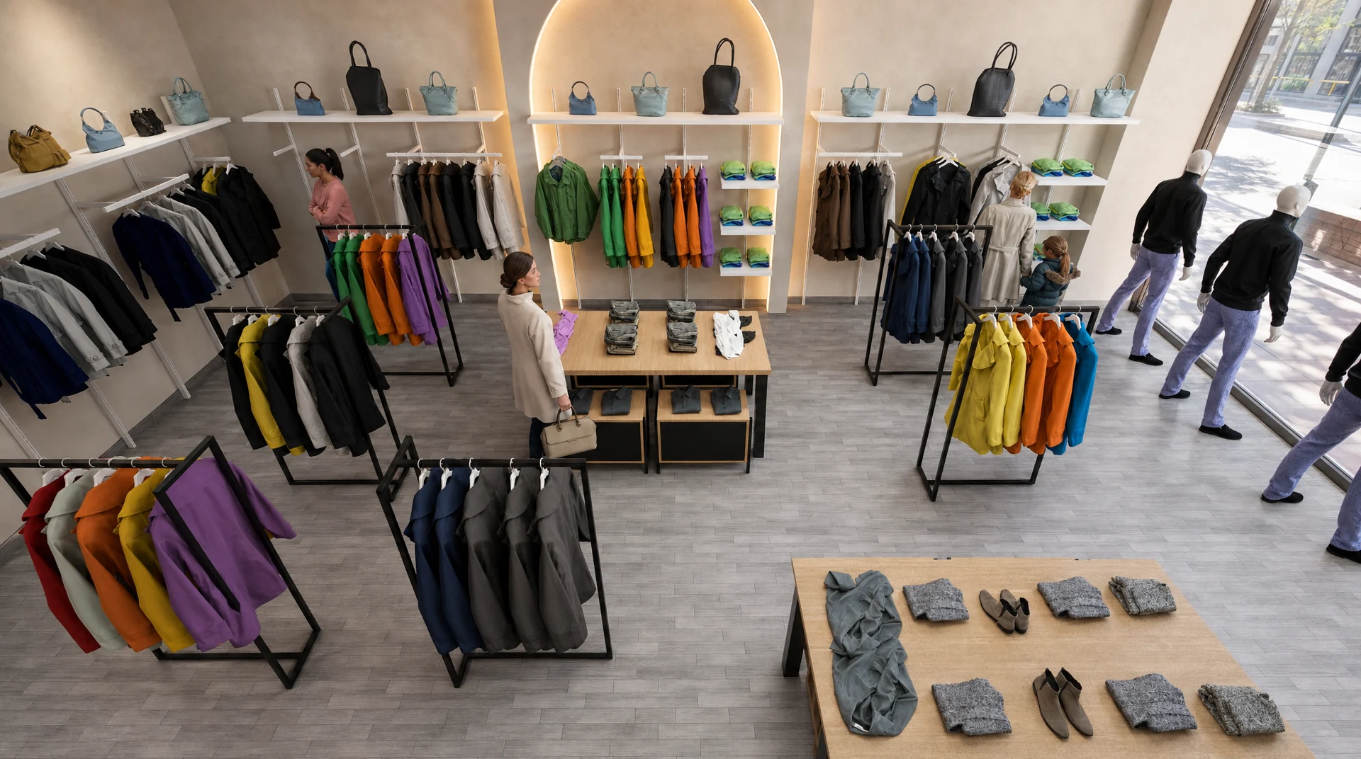 IKKS Fashion Retail Layout | Wall Displays and Product Zones IKKS fashion retail layout with illuminated wall displays, central product tables, clothing rails and storefront mannequins