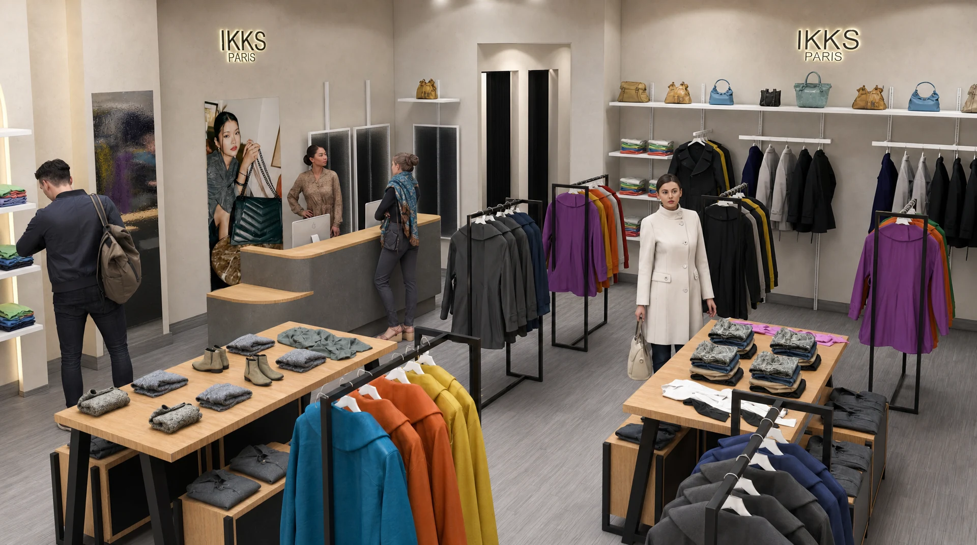 IKKS Fashion Store Interior | Checkout, Fitting Rooms and Displays IKKS fashion store interior with checkout counter, fitting rooms, wall shelving and central retail displays