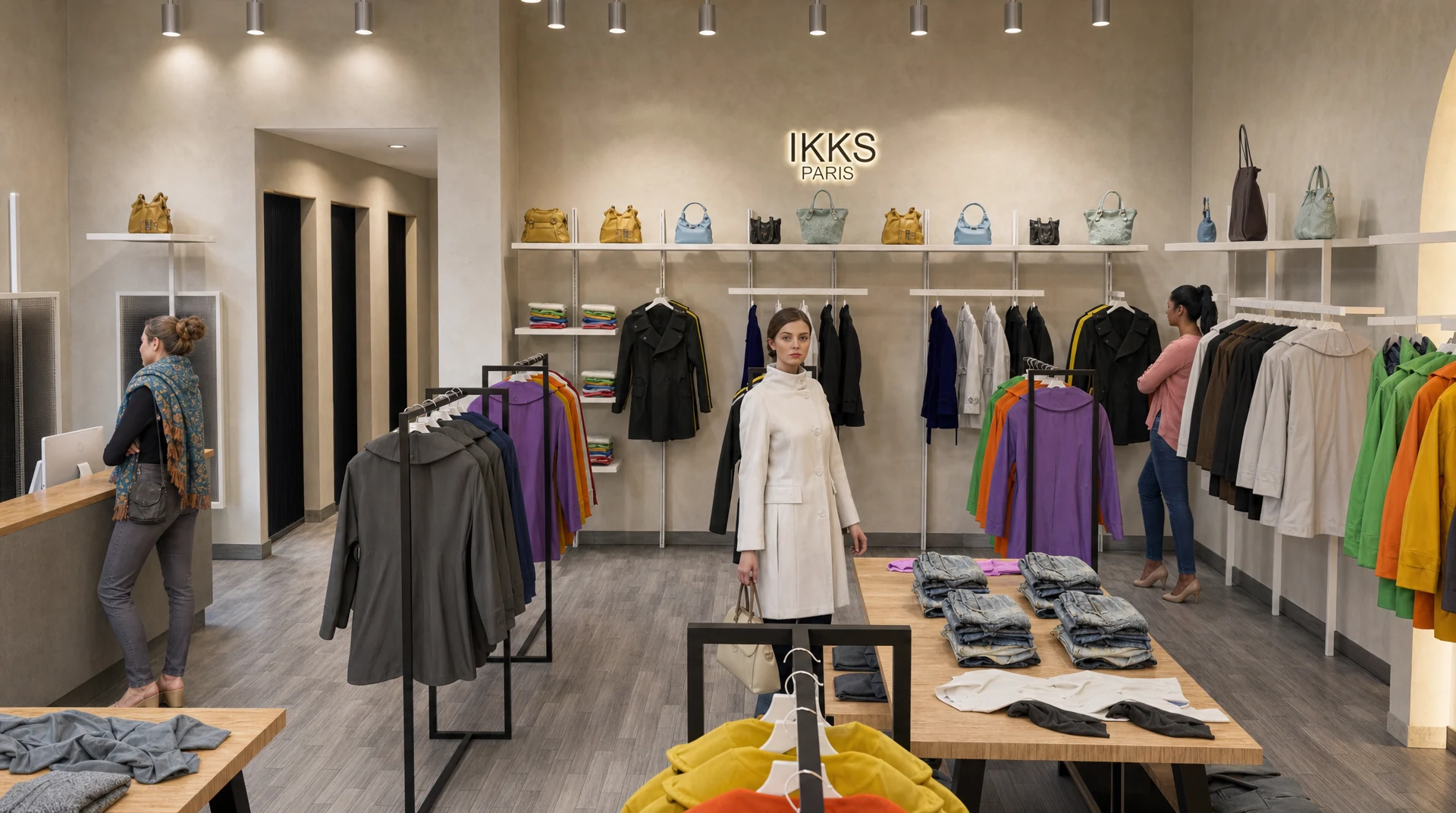 IKKS Interior Design | Rear Wall, Merchandising and Retail Fixtures IKKS interior design with branded rear wall, fashion merchandising, freestanding racks and timber display tables