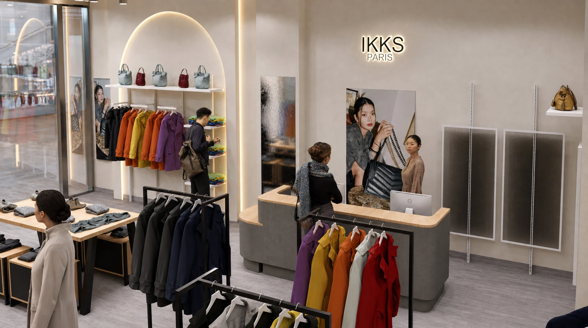 IKKS retail interior design with custom cash desk, illuminated branding and fashion display fixtures