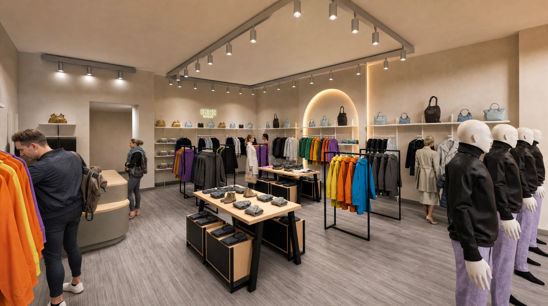 Wide IKKS retail interior design visualisation with track lighting, fashion displays, timber tables, illuminated niches and storefront mannequins