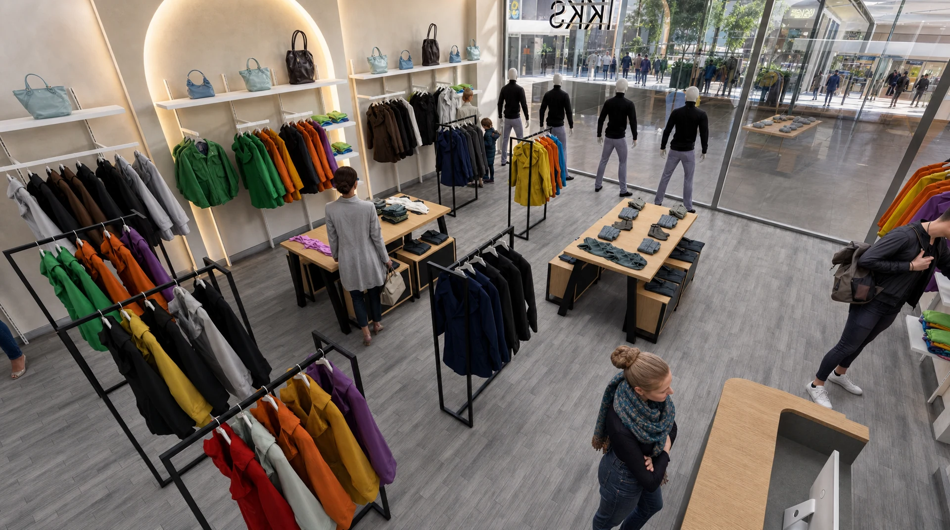 IKKS Retail Interior | Layout Overview and Checkout Area Elevated IKKS retail interior showing checkout area, fashion displays, central tables and complete store layout