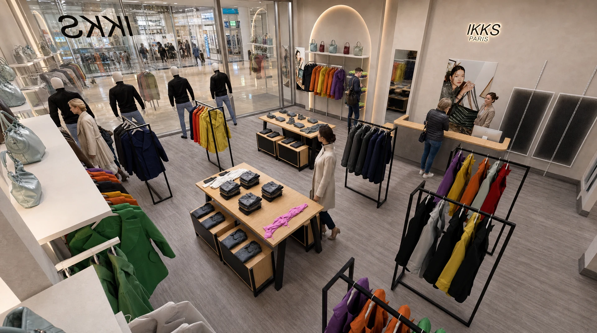 Elevated IKKS retail layout showing storefront, customer circulation, display rails and central merchandising tables