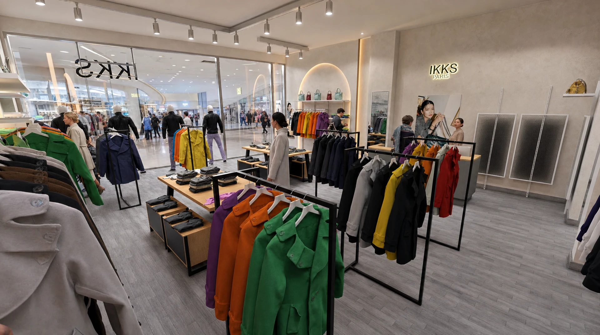 IKKS Store Design | Fashion Merchandising and Interior Layout Wide IKKS store design visualisation with fashion merchandising, central tables, display rails and shopping centre frontage